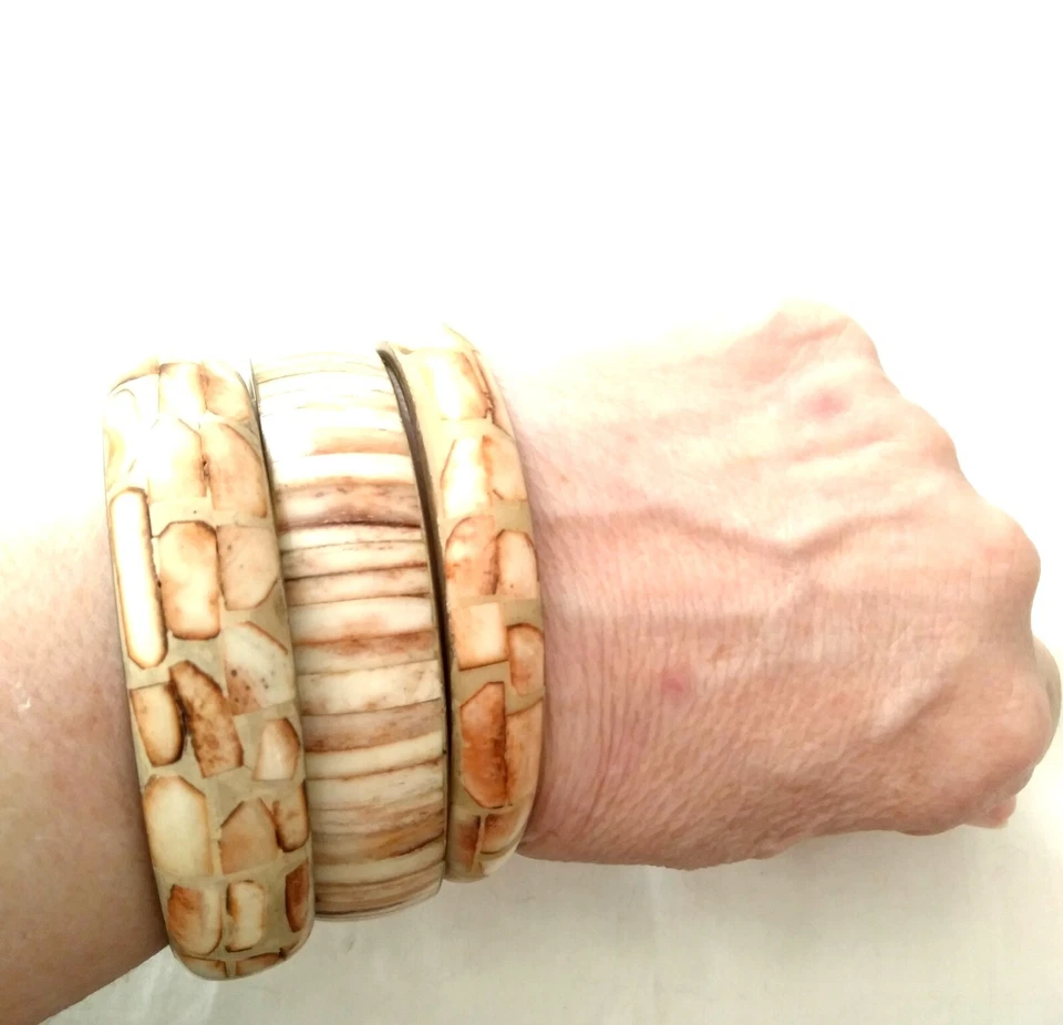 Vintage Brass Inlaid Bovine Bone Bangle Bracelets Set of 3 Peach Tan Brown Tones - Image 3 of 3