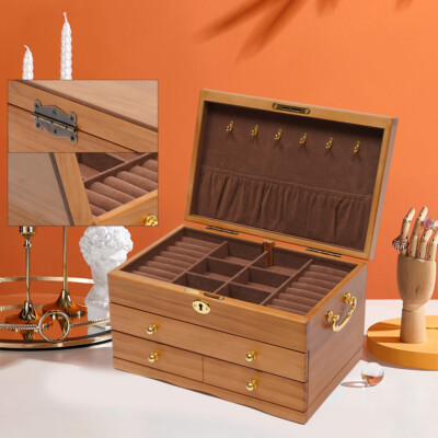 Elegant 3-Layer Wooden Jewelry Box with Safe Lock and Velvet