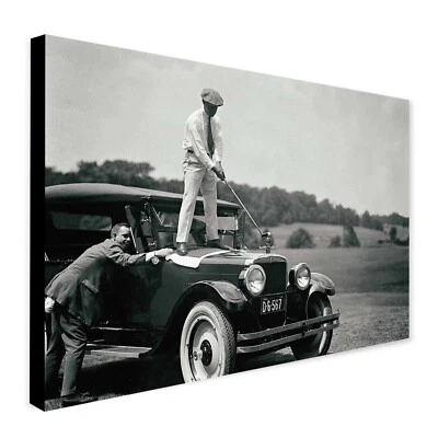 Golf Vintage Photo Golfer Hitting Ball From Car - Canvas Wall Art Framed Print - Image 1 of 4