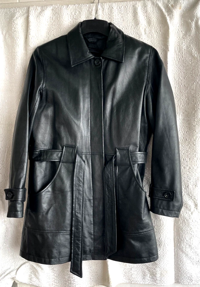 Womens Soft Black Leather Button Down Belted Jacket Car Coat Quilted Liner NICE - Image 3 of 4