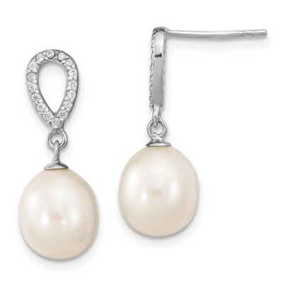 19mm 925 Silver 8-9mm Rice Freshwater Cultured Pearl CZ Post Dangle Earrings