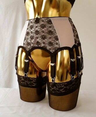 Med Lrg XL 14 Riemen Baby Rosa Lycra Schwarz Spitze Designer Burlesque Strapsgürtel