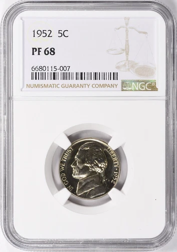1952 PROOF JEFFERSON NICKEL 5C NGC CERTIFIED PF 68