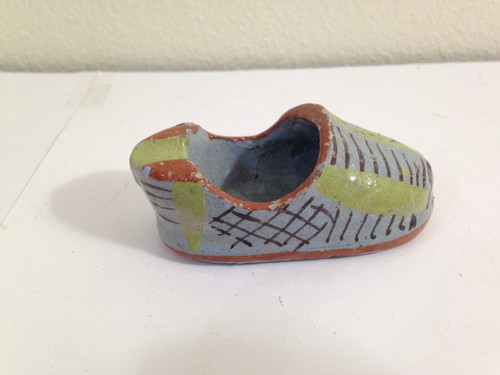 Vintage Mexican Redware Pottery Shoe Ashtray Green Blue Brown 3.75” long