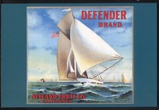 Modern Postcard: Repro of FRUIT CRATE LABEL - 'Defender' Brand. Full Sail Yacht 