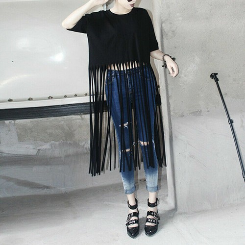 Womens Short Sleeve T-shirt w/ Long Tassels Fringe Top Tee Shirt Hippie Goth - Picture 2 of 15