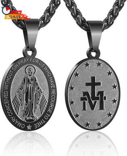 Virgin Mary Necklace for Men Boys Miraculous Medal Stainless Steel Mary Mother o - Picture 8 of 12