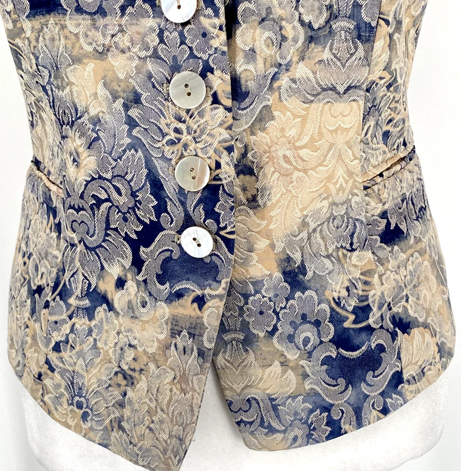 Chaleco Georgiou Vintage Mujer Pequeño 6 Azul Tostado Brocado Con Cordones Hecho en la Academia EE. UU. Foto 3 de 4