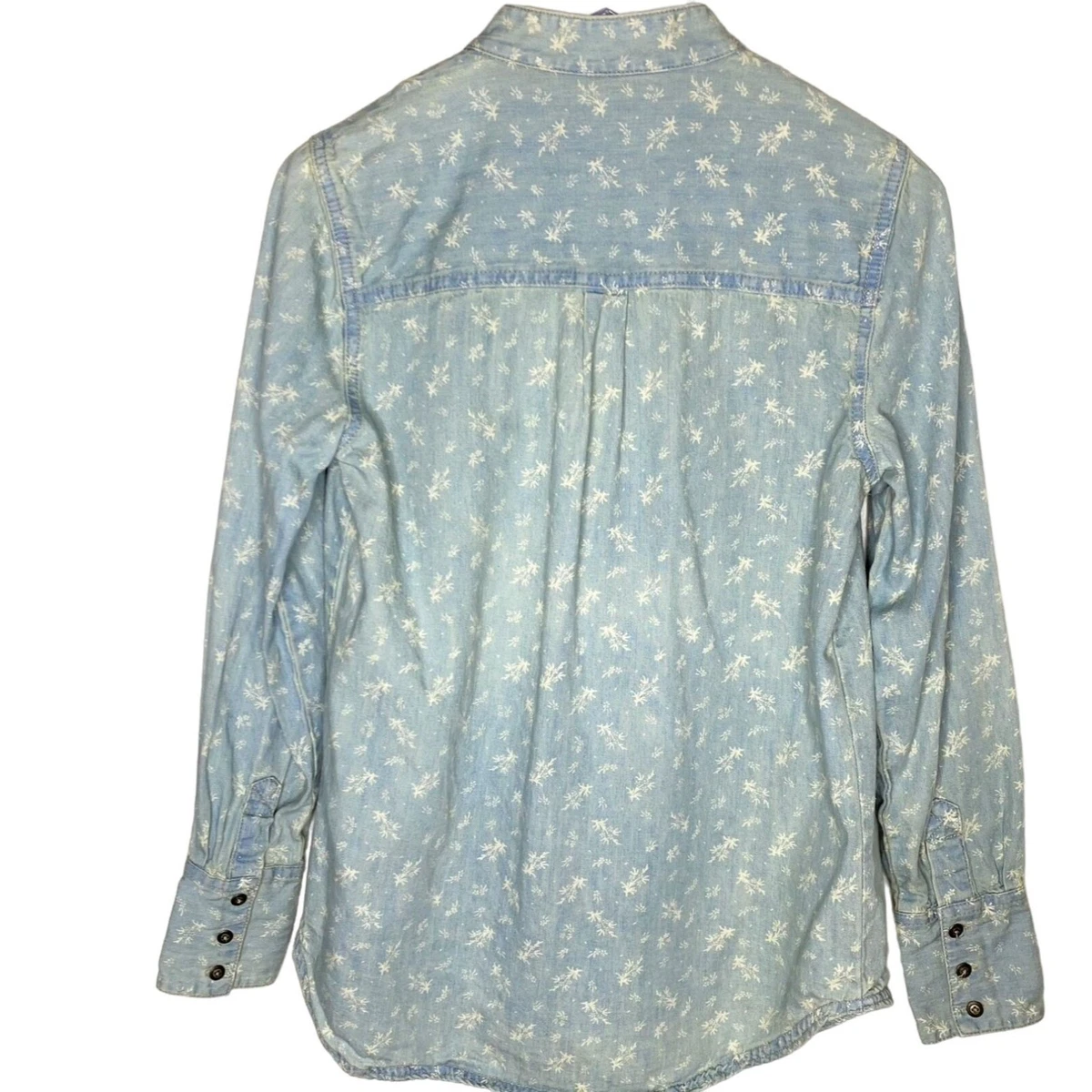 Free People Distressed Denim Shirt, Floral Pattern, Pintuck, Band Collar, Small