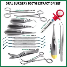 Dental Extracting Kit Oral Surgery Tooth Extraction Elevators Kelly Forceps 14PC