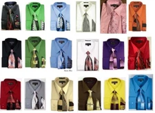 Men's Dress Shirt with Matching Tie And Handkerchief Set 8 Colors Size 15~20 #21