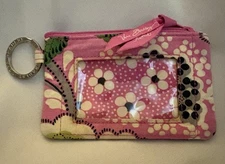 VERA BRADLEY Priscilla Pink Floral Zip ID Case Coin Key Holder Coin Pouch 5"x3"