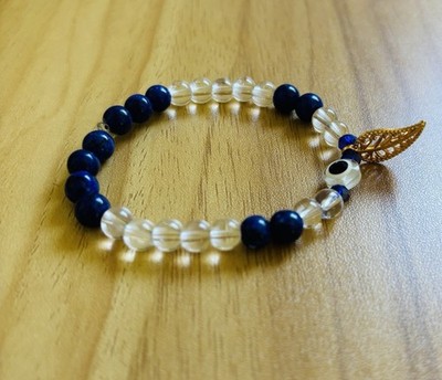 Bubbles & Baubles Studio Handmade Beaded Bracelet Blue Clear Gold Dangle