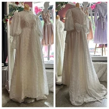 Vintage 60s Emma Domb Wedding Dress Bishop Sleeves Bow Back White Mod S/M