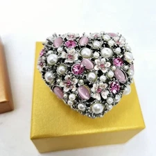 Heart Trinket Jewelry Box with Pearls and Crystals Pink Silver Toned Filigree