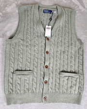 Polo Ralph Lauren Green Cable-Knit Wool Cashmere V-Neck Cardigan Vest L