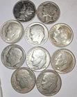 10 Silver Dimes, 1964 and Older. 90% Silver -3 Mercury & 7 Roosevelts