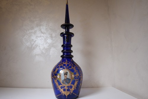 Antique Persian Cobalt Blue Glass Decanter Hand-Painted Royal Portrait & Gilded - Picture 4 of 10
