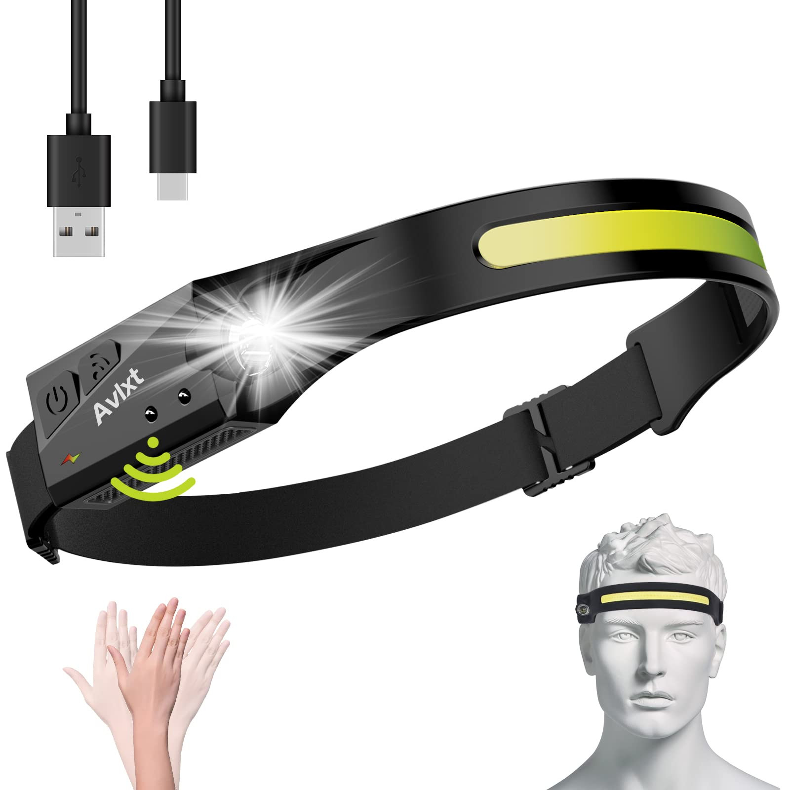 Avlxt LED Headlamp Rechargeable Flashlight, 230° Wide Beam Headlight, Head La...