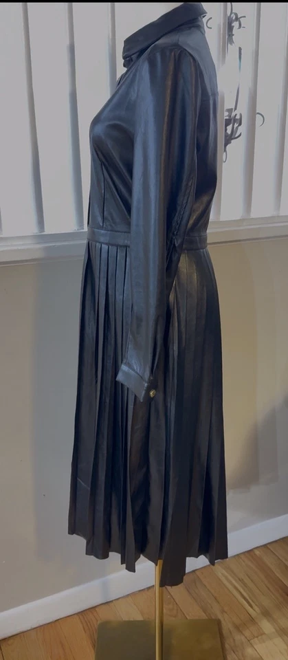 VESTIDO CAMISERO ELIE TAHARI LARGO NEGRO FAUX PLISADO A PRESIÓN TALLA 6 Foto 3 de 4