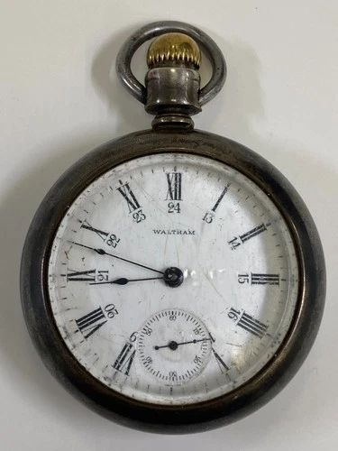 Antique WALTHAM 17 Jewels Coin Silver Pocket Watch Pre-Owned Runs - 35#147