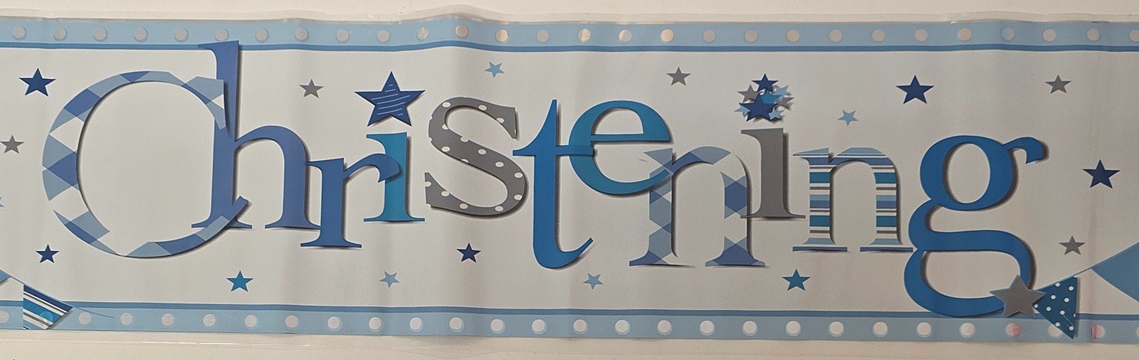 Happy Christening Holographic Foil Banner Blue White 9ft / 2.74m Long