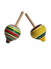 Hand Painted Wooden Spinning Tops Lot of 2 Folk Art Long Stem Toy Decor