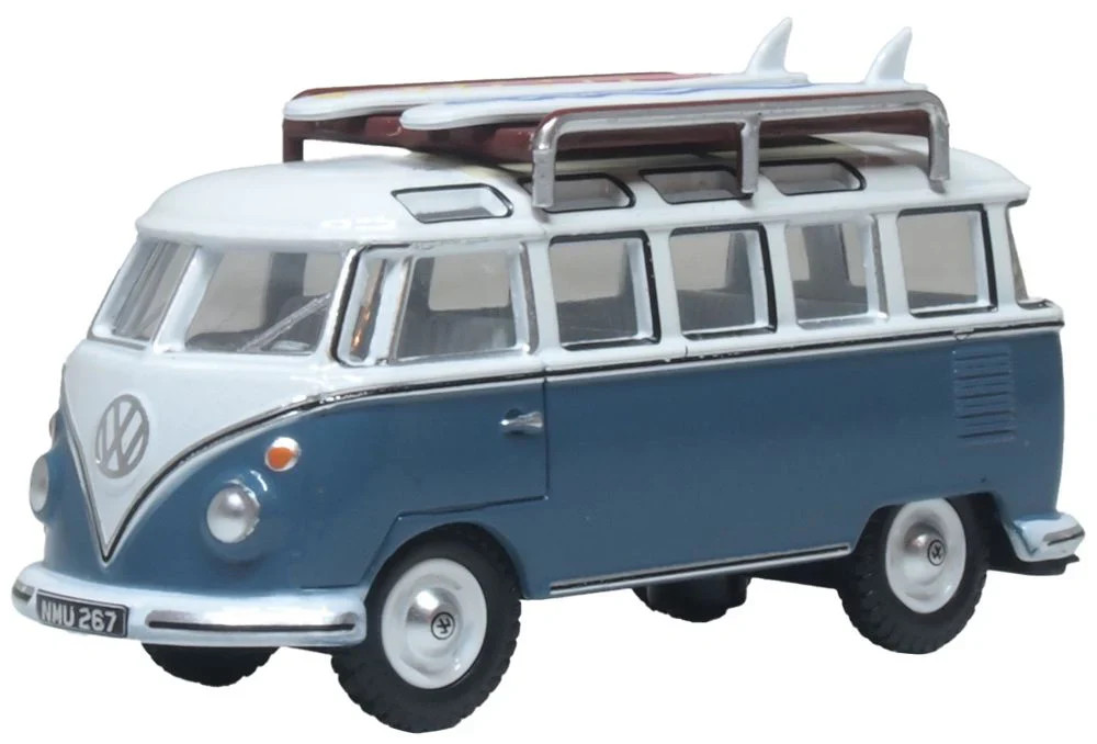 Oxford Diecast 76VWS016 VW T1 Samba Bus/surfboards Gulf Blue/White
