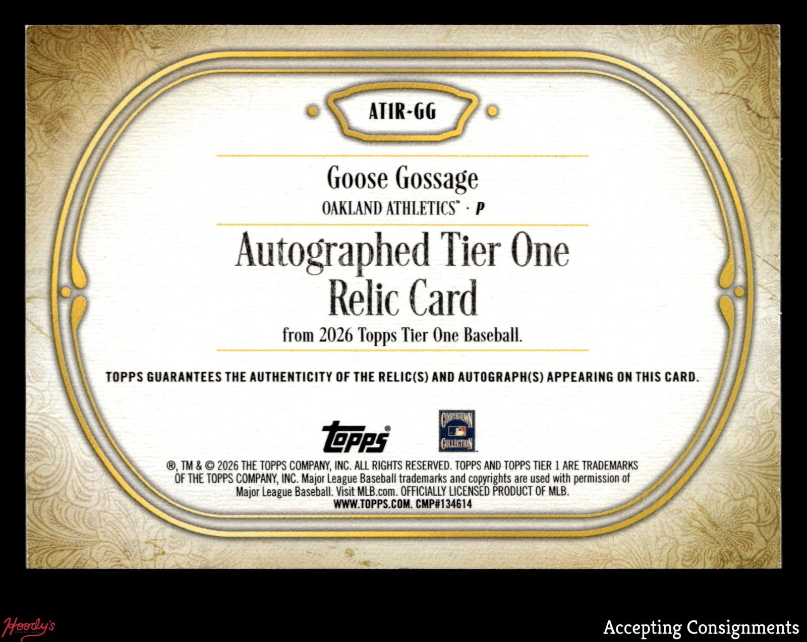 2026 Topps Tier One Autograph Relic Goose Gossage 182/199 GAME USED JERSEY AUTO view 2