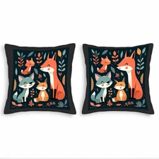 Whimsical Foxes Throw Pillow Covers 18x18in Set of 2 - Colorful Cartoon Design