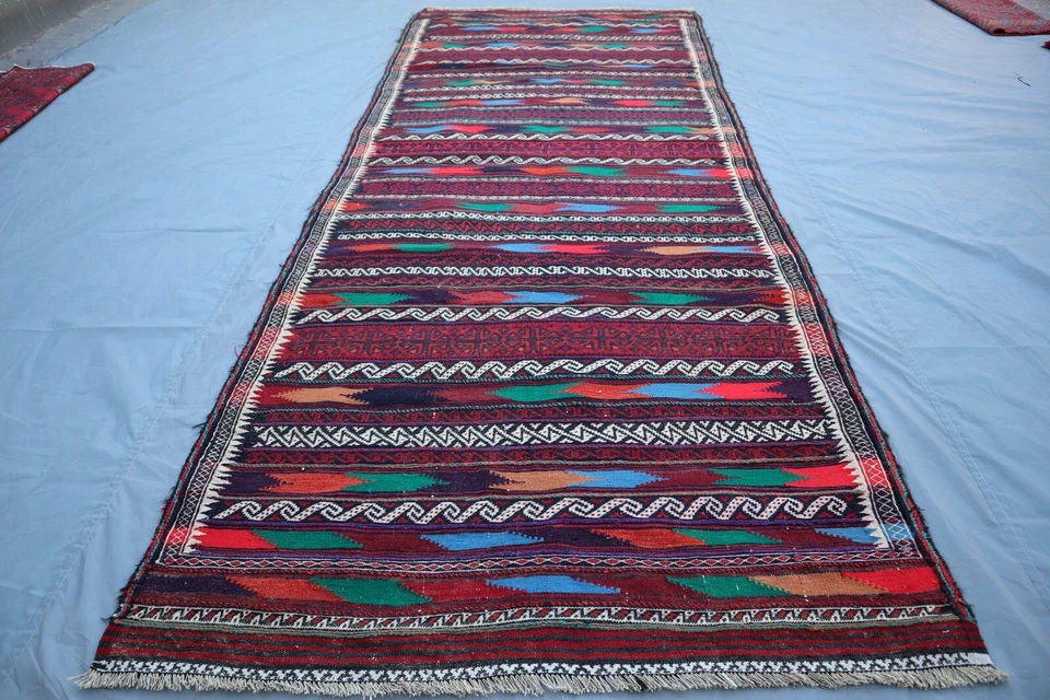 4x10 Vintage Afghan Wide Runner Rug – Tribal Striped Nomadic Design – Handwoven. - Image 2 of 4