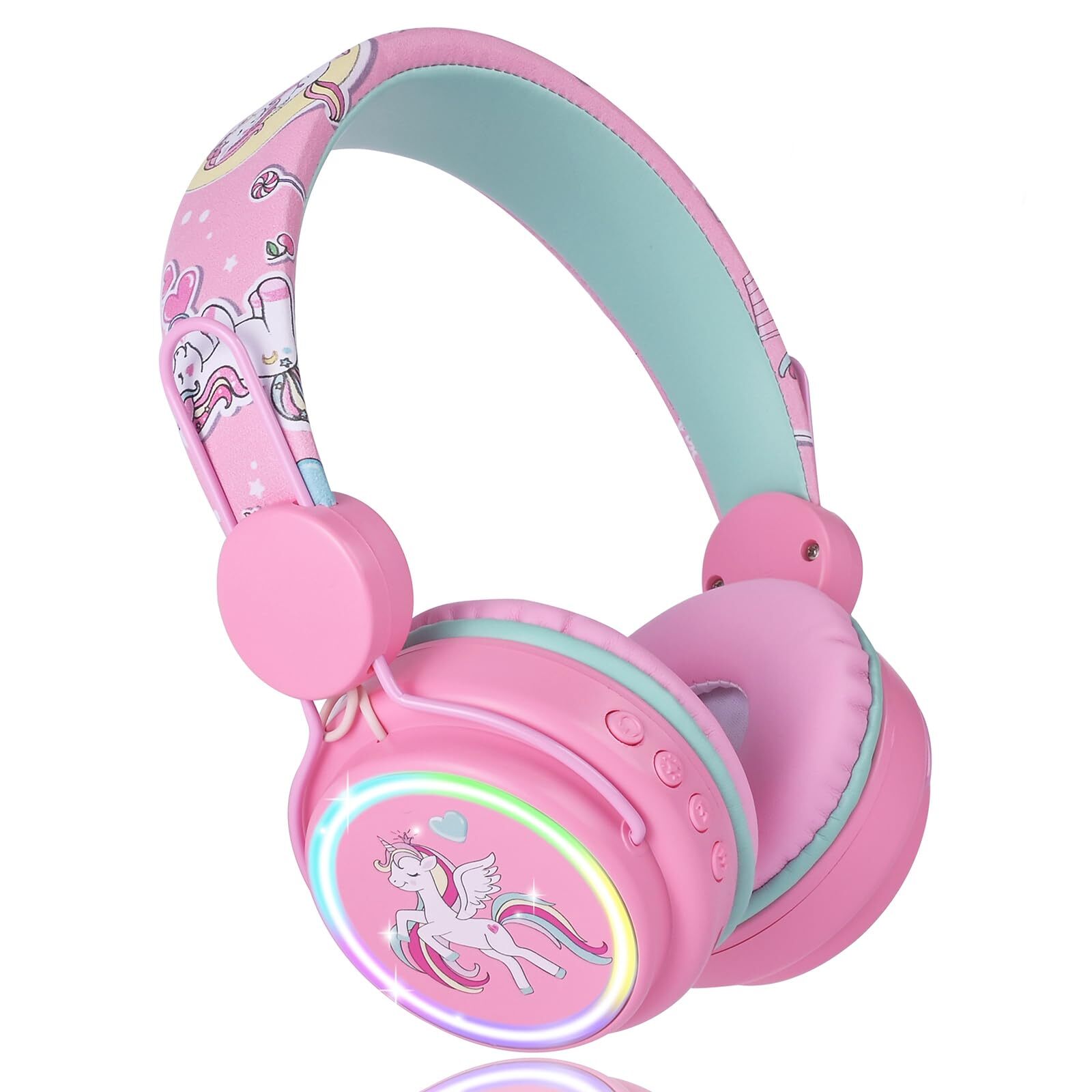 Kids Headphones Unicorn, Color Changing LED Light Wireless Bluetooth Headphon...