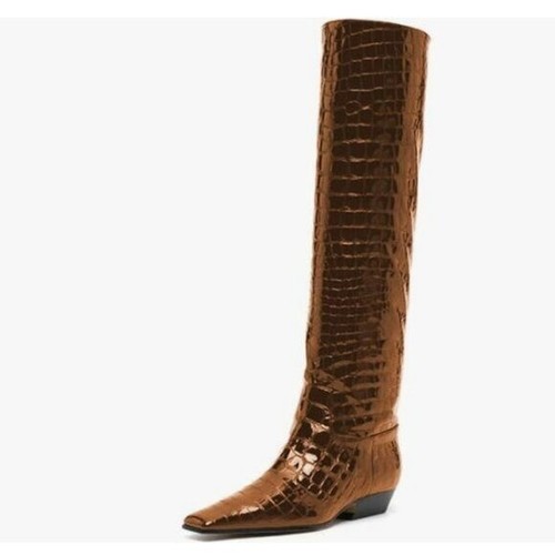 Brown Crocodile Women Square Toe Wide Calf Low Chunky Heel Knee High Boot