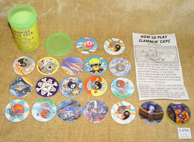 VINTAGE CHAMPION MEGA PACK MILKCAP CONTAINER + 18 SUPER CAPS + SLAMMER GROSSMAN