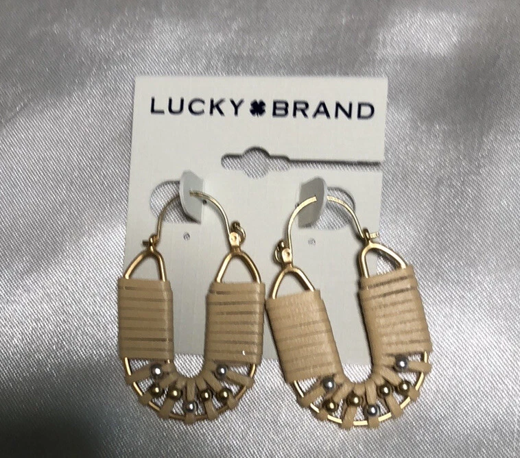 Lucky Brand Gold Tone Leather Wrapped Hoop Drop Earrings Bead Accents NWT - Image 3 of 4