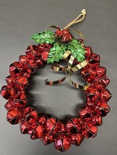 10  Jingle Bells Metal Wreath, Red Bells, Gold Bow, Green Holly, Attached Hanger