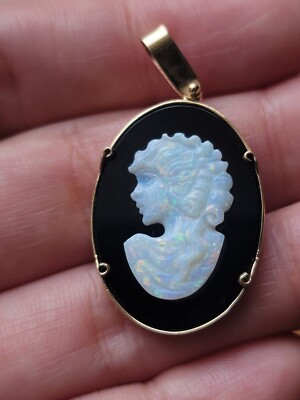 Opal Cameo Pendant Black Onyx 14K Yellow Gold Pendant