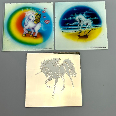 Vintage Unicorn Themed Carnival Fair Prize Glass Mirrors x 3 Lot 1980s