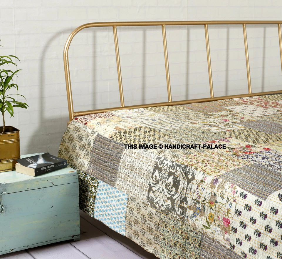 Manta de algodón reversible india Queen Kantha edredones blancos retazos Foto 3 de 4