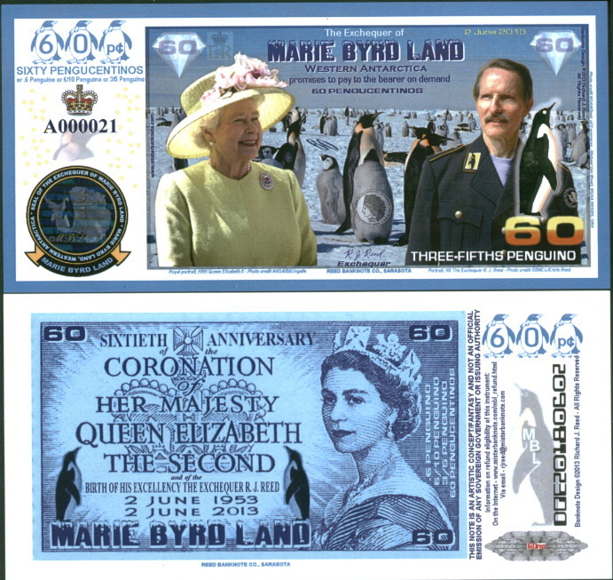 POLYMER 2013 MARIE BYRD LAND 3/5 PENGUINO QEII/CORONATION FANTASY ART NOTE!