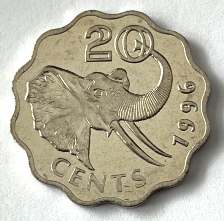 1996 Swaziland Scalloped Coin 20 cents African Elephant Head Animal Wildlife