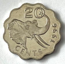 1996 Swaziland Scalloped Coin 20 cents African Elephant Head Animal Wildlife