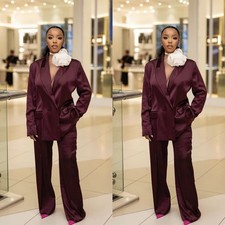 Burgundy Silk Satin Women Suits Evening Party Formal Blazers Ladies Outfit