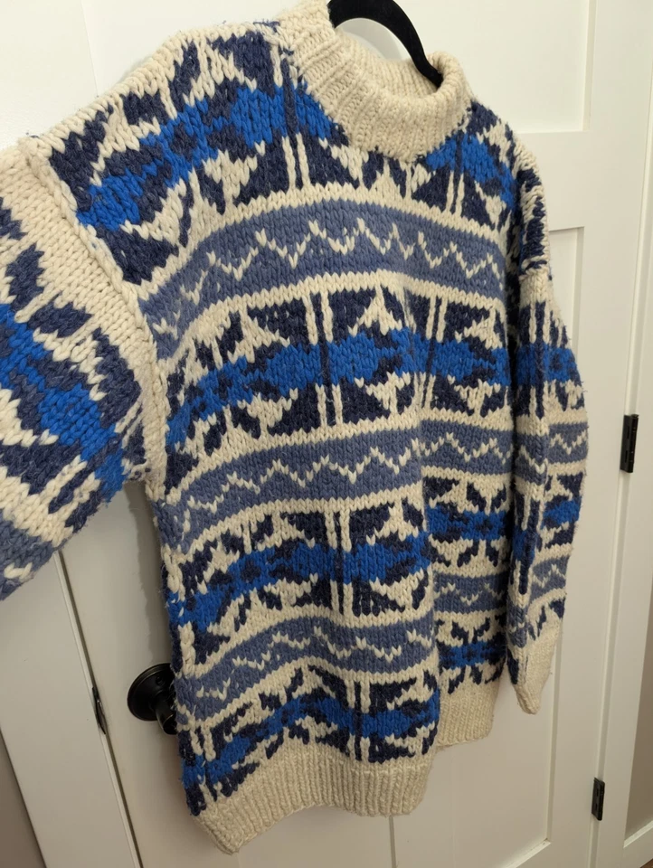 Vintage Handknit Chunky Mens XL 100% Wool Sweater Ecuador Blue Ivory Fisherman's - Image 4 of 4