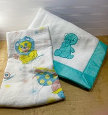 Vintage Chatham White Teal Satin Trim Baby Blanket  Flannel Receiving Blanket