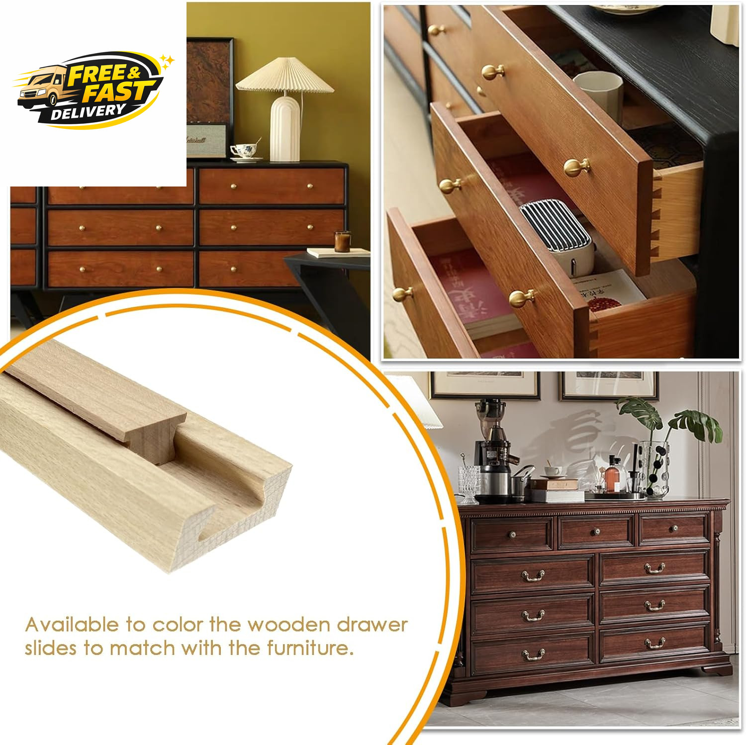 Wood Drawer Slides Classic Guide Center Mount Track 15.7 Inchs, Wooden Undermoun