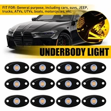 12pcs Universal LED Amber Rock Light Underbody Neon Glow Lamp For Truck Jeep SUV