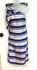 BANANA REPUBLIC ~ Sz 4 ~One Shoulder Sheath Dress w/Bow Blue White Stripe Satiny