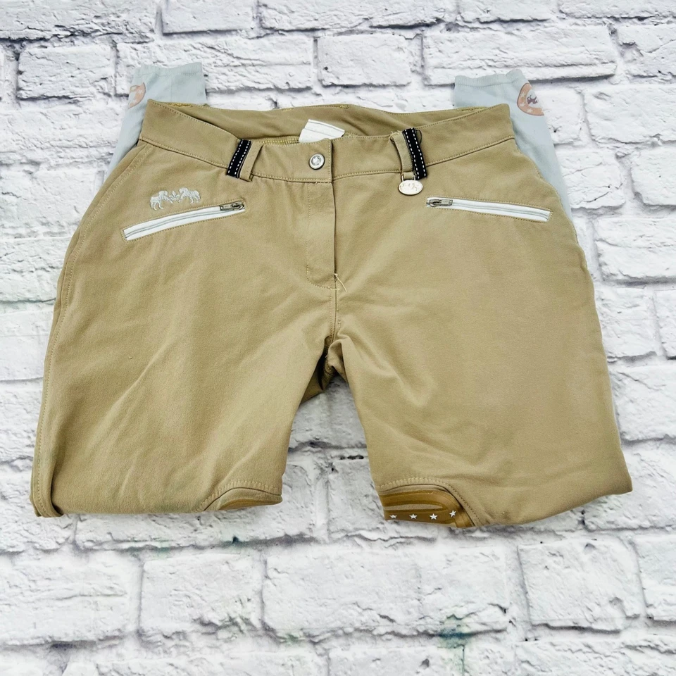 Calças equestres femininas Equine Couture bronzeadas tamanho 28 joelho patch - Imagem 2 de 4