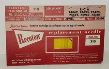 VINTAGE RECOTON RCA RECORD PLAYER REPLACEMENT NEEDLE CARD PACKAGE #310